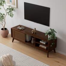 Mid-Century Modern Rattan TV Stand For 59-Inch And 65-Inch TVs, Entertainment Center, Media Console For Living Room And Media Room, Solid Wood Legs And Rattan Doors - Dark Walnut - Dark Walnut - View 5