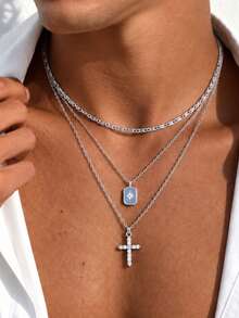 3pcs Men's Multi-Layer Stacked Gold Necklace, Rhinestone Cross & Square Pendant Multi-Layer Chain Collar Necklace, Minimalist Vintage Street Style Accessory, Gift For Men - 3pcs - View 8