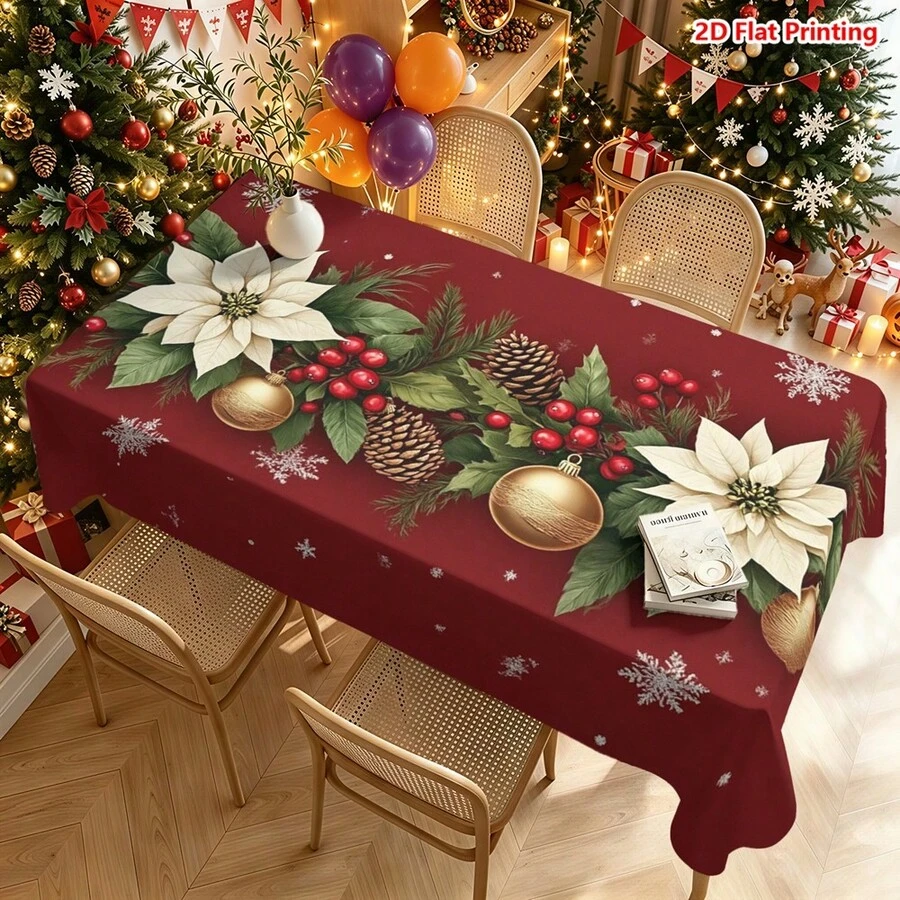 1pc Rectangular Christmas Themed Printed Tablecloth, Suitable For Indoor/Outdoor Dining, Party, Buffet, Wedding, Woven Polyester Tablecloth - Multicolor - View 1