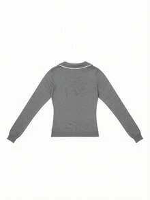 Women's Preppy Sweet Fall Solid Color Top, Bow Detail Long Sleeve Slim Fit Base Layer For School, Holiday, Travel - Grey - View 10