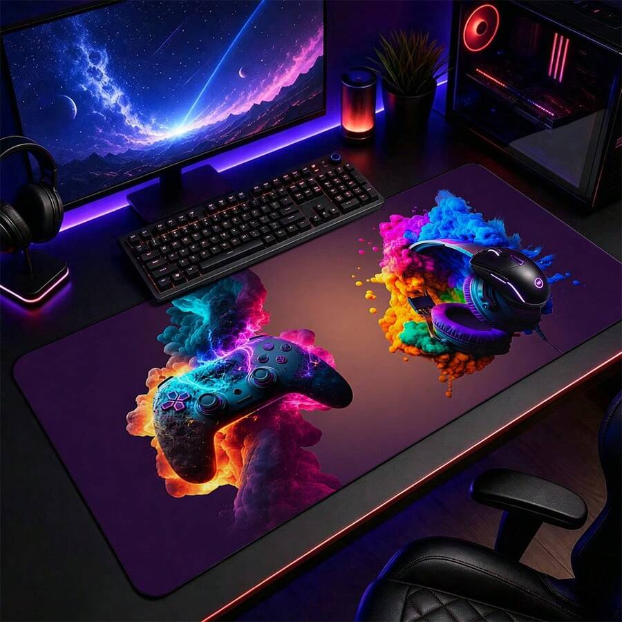 Neon Gaming Mouse Pad, Colorful Smoke Game Controller And Headphones Graphic Large Extended Keyboard Desk Mat, Polyester Surface With Non-Slip Rubber Base For Gaming Setup, Home Office, Study Room And Gamer Room Decor, 3 Sizes Available - View 1