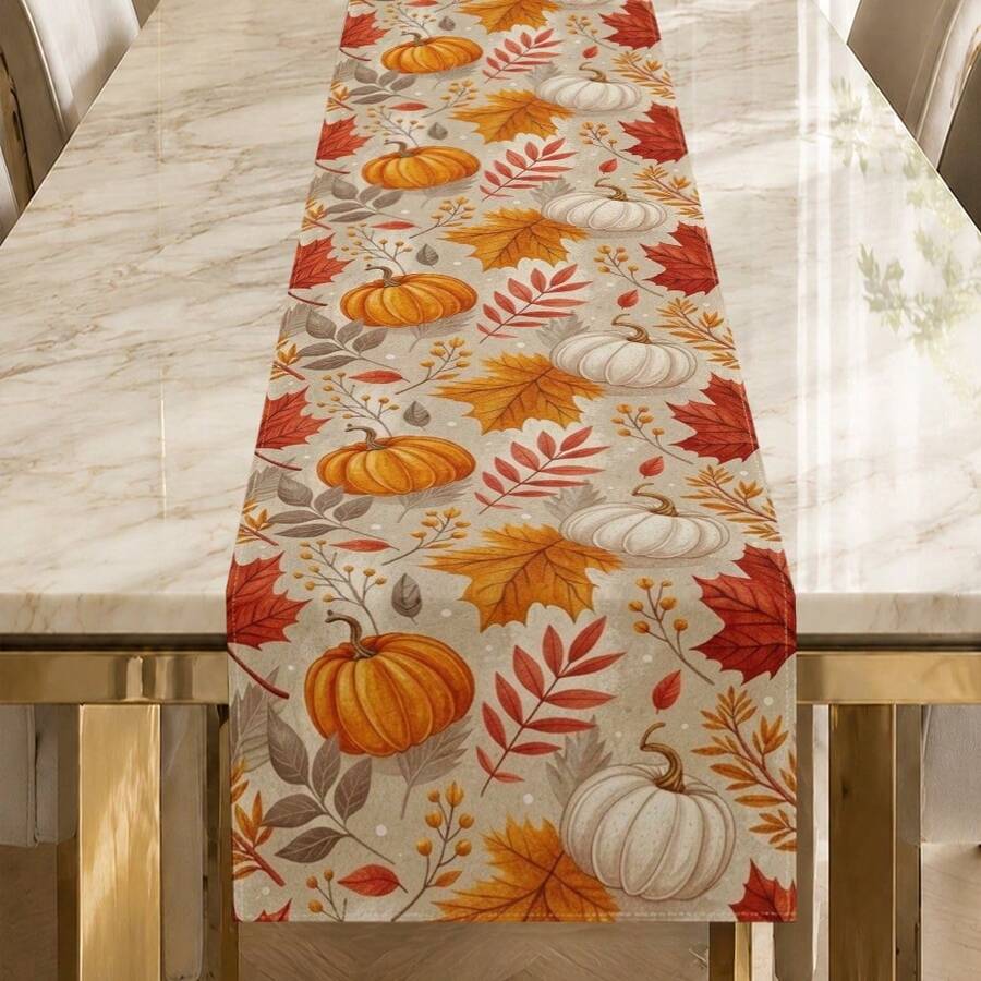 1pc/Pumpkin Autumn Leaf Print Table Runner, Vintage Fall Rectangular Hemmed Tablecloth Decoration, Suitable For Thanksgiving, Autumn Parties, Family Dinners, Restaurants And Home Dining Table Decor - Multiple Styles - View 1