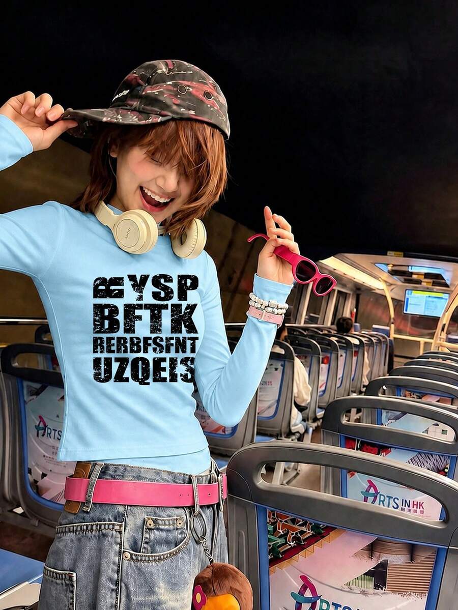街頭美式字母印花修身 Y2K T恤,女款秋季內搭長袖上衣 - 天藍色 - 查看 1