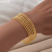 7pcs/Set 18K Gold Plated Stainless Steel Textured Polished Round Bangle Bracelet Set, Vintage Style Women's Daily Party Banquet Wear, Exquisite Shiny Jewelry - Gold - View 3
