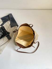 1pc Khaki Color Strap Decor Large Capacity Contrast Color PU Tote Bag Women's Shoulder Bag - Khaki - View 6