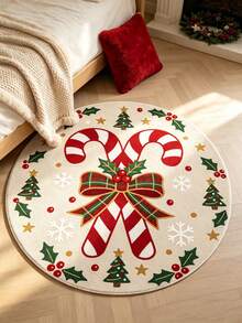 1pc, Christmas Theme Round Rug, Candy Cane & Holly Berry Pattern Design, Christmas Decoration, Garden And Patio Area Rug, Room Decor, Christmas Gift Decoration, Seasonal Decorative Mat, Holiday Design, Christmas Ornament, Perfect Christmas Gift, Perfect For Christmas And New Year Celebration, Decorative Rug, Bedroom Decor, Small Rug, Rug, Home Decor, Living Room Rug, Living Room Small Rug - Christmas - View 6