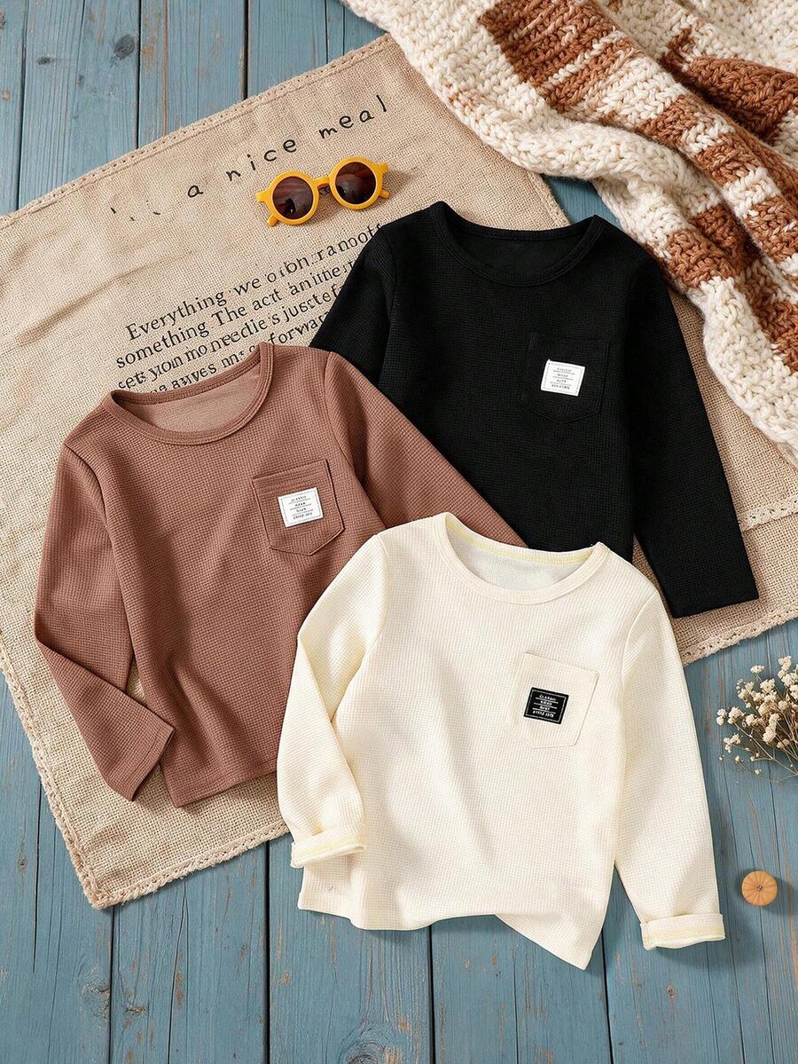 3pcs Kids Long Sleeve T-Shirts, Heavy Fabric With Textured Design And Pockets, Boys Casual Outerwear, Spring Autumn - Multicolor - View 1