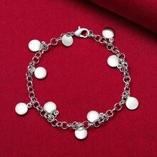 925 Sterling Silver Plated Solid Beads Chain Pendant Bracelet Jewelry - Silver - View 2
