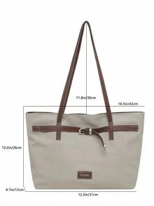 1pc Khaki Color Strap Decor Large Capacity Contrast Color PU Tote Bag Women's Shoulder Bag - Khaki - View 7