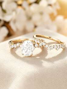 2Pcs Rose Gold Women Oval Stackable Rings Elegant Style Artificial Synthetic Zirconia For Wedding Banquet Party Anniversary No Box. - Gold - View 5