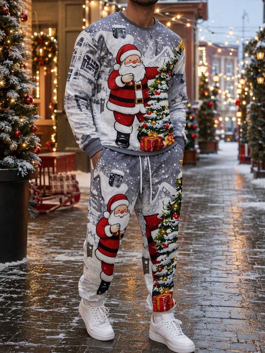 Men's Autumn/Winter Christmas Holiday Atmosphere Cartoon Santa Claus & Christmas Tree Print Crew Neck Sweatshirt & Sweatpants Set - Multicolor - View 1