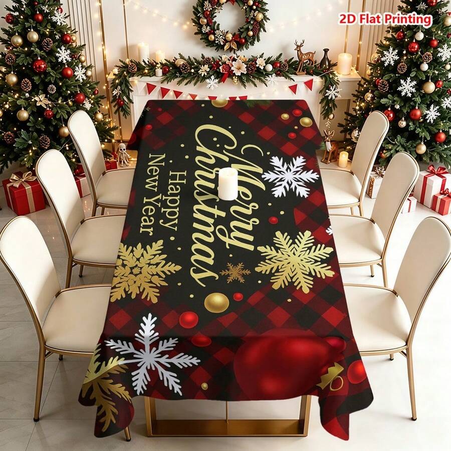 1pc Rectangular Christmas Theme Printed Tablecloth, Suitable For Indoor/Outdoor Dining, Party, Buffet, Wedding, Woven Polyester Tablecloth - Multicolor - View 1