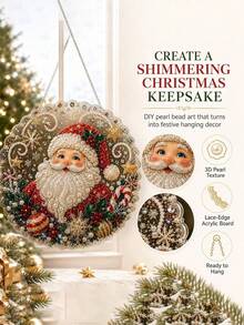 1 Set Christmas Pearl Diamond Painting Sun Catcher Kit, DIY Handmade, Pre-Assembled Metal Chain, Acrylic Round Plate With Lace Edge, 3D Mixed Size Pearl Beads, Holiday Window Wall Decor - Multicolor - View 2