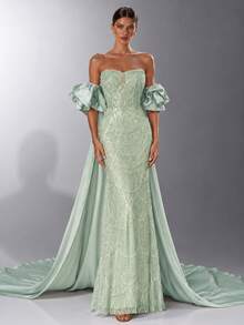 VIPGIRL Sage Green Evening Dress Off Shoulder Ruffle Sleeve Sequin Beaded Corset Backless Detachable Train Mermaid Floor Length Prom Gala Maxi Dress - Mint Green - View 1
