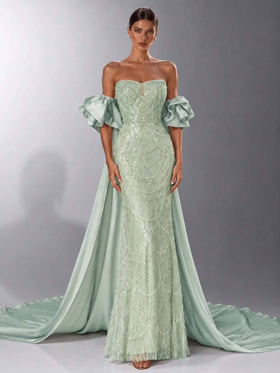 VIPGIRL Sage Green Evening Dress Off Shoulder Ruffle Sleeve Sequin Beaded Corset Backless Detachable Train Mermaid Floor Length Prom Gala Maxi Dress - Mint Green - View 1