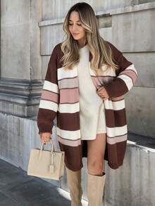 Women Casual Multi Color Fall Striped Knit Cardigan, Long Sleeve Open Front Loose Midi Daily Outerwear - Multicolor - View 1