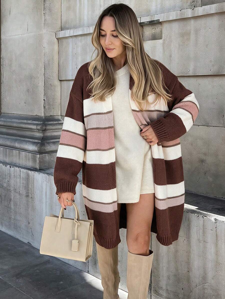 Women Casual Multi Color Fall Striped Knit Cardigan, Long Sleeve Open Front Loose Midi Daily Outerwear - Multicolor - View 1