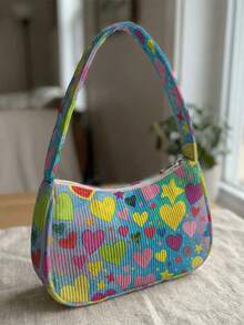 1pc Love Print Corduroy Shoulder Bag, Underarm Bag, Large Capacity Storage, Zip Closure Y2K Baguette Handbag For Daily Travel Gift - Pink - View 9