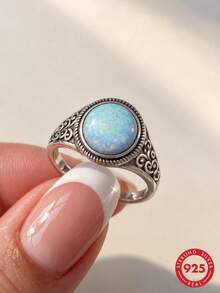S925 Sterling Silver Vintage Scroll Pattern Opal Ring, Distressed Carved Iridescent Australian Opal Niche Women's Finger Ring Accessory - Silver - View 1