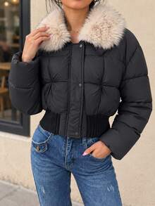 Women's Patchwork Fur Collar Long Sleeve Casual Winter Jacket - Black - View 6