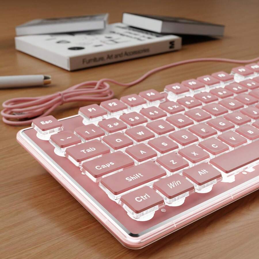 EWEADN Pink Full-Size Wired Keyboard, White Backlit Pudding Keycaps, Silent USB Computer Keyboard, Metal Panel, Easy-To-Read Non-Fading Keycaps, Cute Desktop Decor, Suitable For Windows PC Desktop - View 1