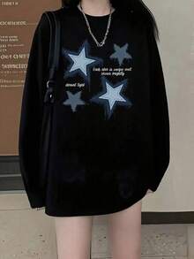 Women's Spring/Autumn Loose Fit Versatile Crew Neck Fashion Casual Letter & Heart Print Long Sleeve T-Shirt Black - Black - View 4