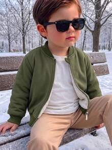 Infant Boys' Casual Solid Color Zip-Up Raglan Long Sleeve Fleece Jacket Outerwear, Autumn/Winter - Green - View 2