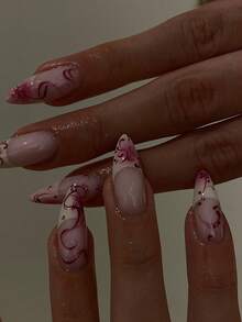 24Pcs Medium Almond Press On Nails, Fall Retro Burgundy Vines Graffiti Nails, Light Purple Nude Base, Cream‑White Gradient French Tip, For Thanksgiving Christmas Holiday Party & Dating - Watermelon Pink - View 6