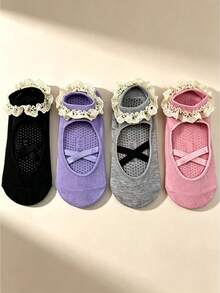 1/3/5 Pairs Ballet Style Cross Strap Invisible Women's Socks. Lace Trim Hollow Out Low Cut Non-Slip Boat Socks. (Cardboard Not Included) - Multicolor - View 6