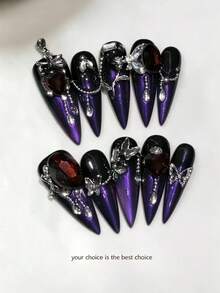 10Pcs Purple Cat Eye Love Butterfly Rose Press On Nails, Long Pointed Punk French Fake Nails, Valentine Rhinestone Acrylic Nail Tips, Reusable DIY Nail Kit With Jelly Glue & Nail File - Purple - View 1