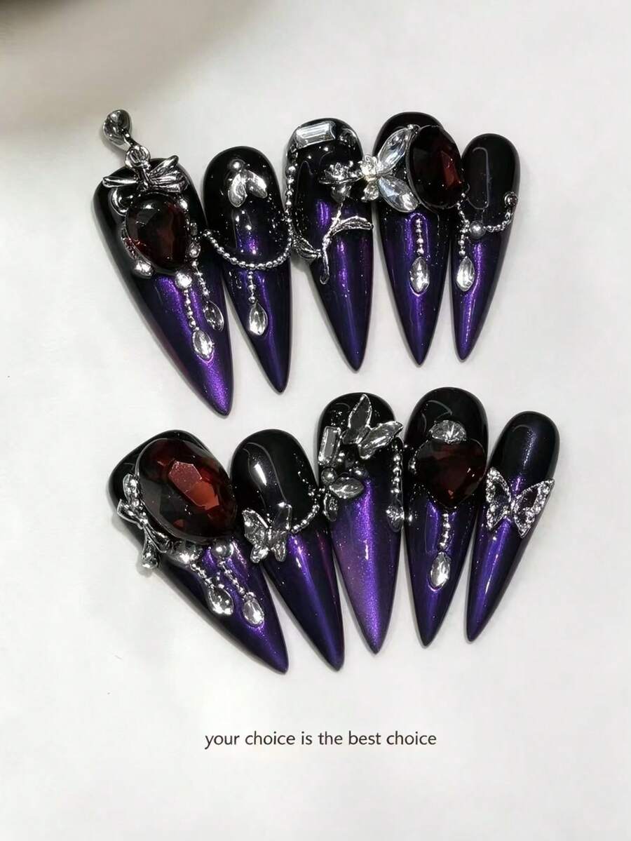 10Pcs Purple Cat Eye Love Butterfly Rose Press On Nails, Long Pointed Punk French Fake Nails, Valentine Rhinestone Acrylic Nail Tips, Reusable DIY Nail Kit With Jelly Glue & Nail File - Purple - View 1