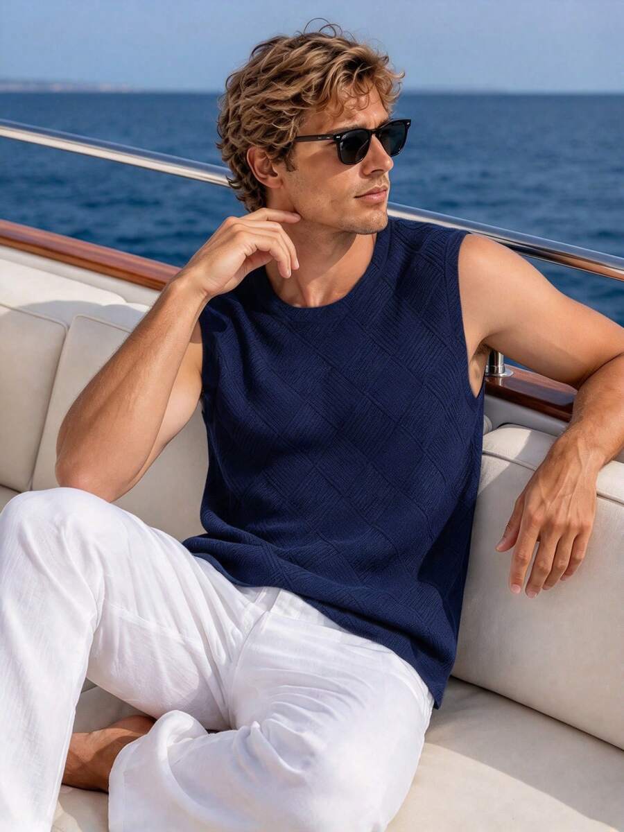 Camvyn Men's Summer Classic Minimalist Sleeveless Crew Neck Tank Top, Suitable For Sports, Fitness And Daily Wear - Navy Blue - View 1