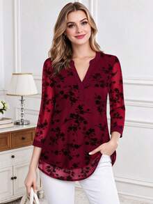 Women's V-Neck 3/4 Sleeve Casual Dress With Layered Mesh Waist Tie Blouse Vacation Spring - Burgundy - View 1
