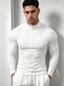 ZYNTH BALENO Men's Fashion Slim Fit Raglan Sleeve Zip-Up Collar Long Sleeve T-Shirt, Suitable For Gym, Running, Hiking - White - View 3
