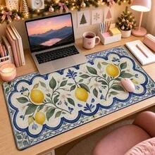 1pc Mediterranean Lemon Tile Aesthetic Desk Mat, Floral Mosaic Print Large Mouse Pad For Dorm & Vanity Table Decor - View 8