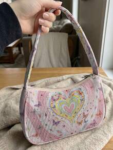 1pc Love Print Corduroy Shoulder Bag, Underarm Bag, Large Capacity Storage, Zip Closure Y2K Baguette Handbag For Daily Travel Gift - Pink - View 4