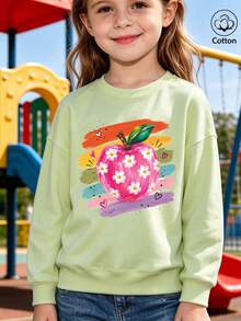 Girls' Cotton Crewneck Pullover Sweatshirt, Loose Fit For Fall & Winter, Apple, Flower & Heart Graphic Print, Sweet Lovely Girly Preppy Style - Pinkish Green - View 3