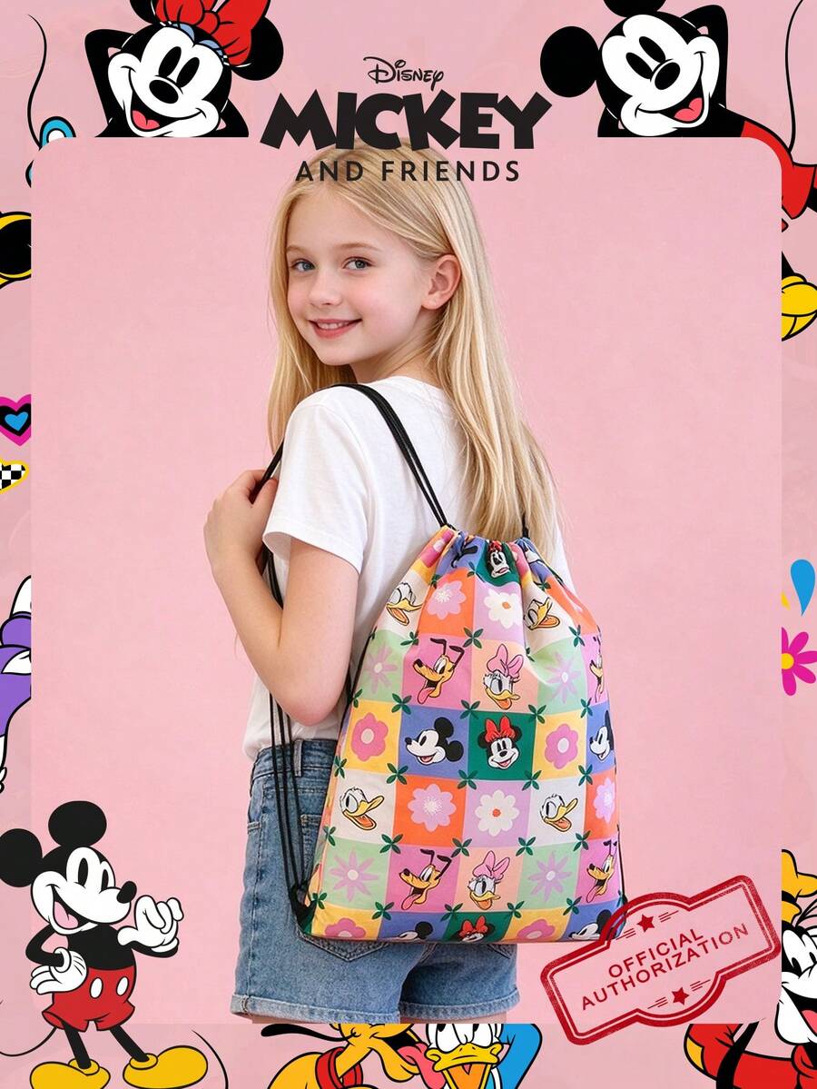 1pc Disney Official License Mickey And Friends/Stitch Print Drawstring Backpack, Lightweight Nylon Sports Bag, Casual Storage Bag, Beach Bag, Gym Bag, Fashion Accessory, Suitable For Girls/Students/Fans, Suitable For School, Sports, Travel, Daily Use - Multicolor - View 1