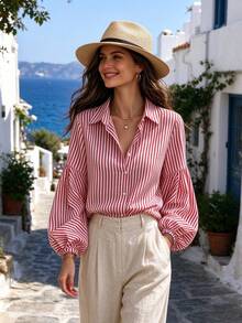 Women's Red And White Striped Front Button Shirt, Bishop Sleeve Long Sleeve Fashion Top, Suitable For All Seasons - Red - View 9