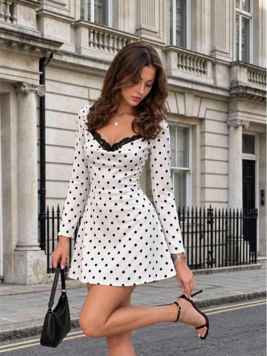 Women's Cute Polka Dot Long Sleeve A-Line Mini Dress, Lace Patchwork Collar, Suitable For Evening Dates, Commuting, Parties, Autumn/Winter - Multicolor - View 1