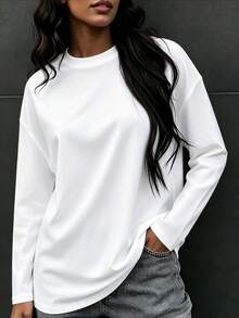 Women's Solid Color Round Neck Long Sleeve T-Shirt, Casual Autumn Regular Fit Top - White - View 3