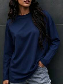 Women's Solid Color Crew Neck Long Sleeve T-Shirt, Casual Autumn Regular Fit Top - Navy Blue - View 3