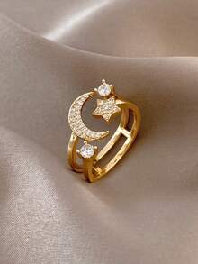 1 buah Cincin Terbuka Bintang & Bulan Dua Lapis yang Modis dan Indah, Berwarna Emas Tembaga, Desain Lembut, Segar, Minimalis, dan Serbaguna untuk Jari Telunjuk Wanita, Cocok untuk Pemakaian Sehari-hari, Liburan, dan Pesta - Emas - View 1