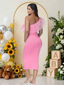 JustVH Maternity Sheer Collar Midi Dress, Suitable For Baby Shower Party And Photo Shoot Pink Spring - Pink - View 2
