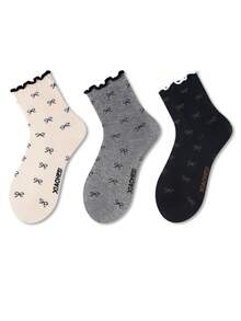 ZUJO 3 Pairs Black White Gray Women's Mid-Calf Socks, Bow Pattern, Ruffle Trim, Warm Soft Breathable, Suitable For All-Season Daily Wear, Random Color Shipping - Multicolor - View 5