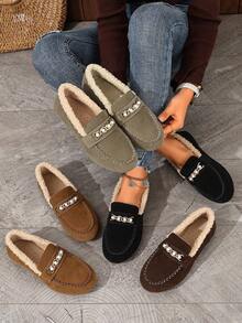 Thermal Lined Closed Toe Slippers, Vintage Stitching Pearl Chain Design, Indoor Outdoor Wear, Slip-On Shoes, Autumn Winter - Black - View 7