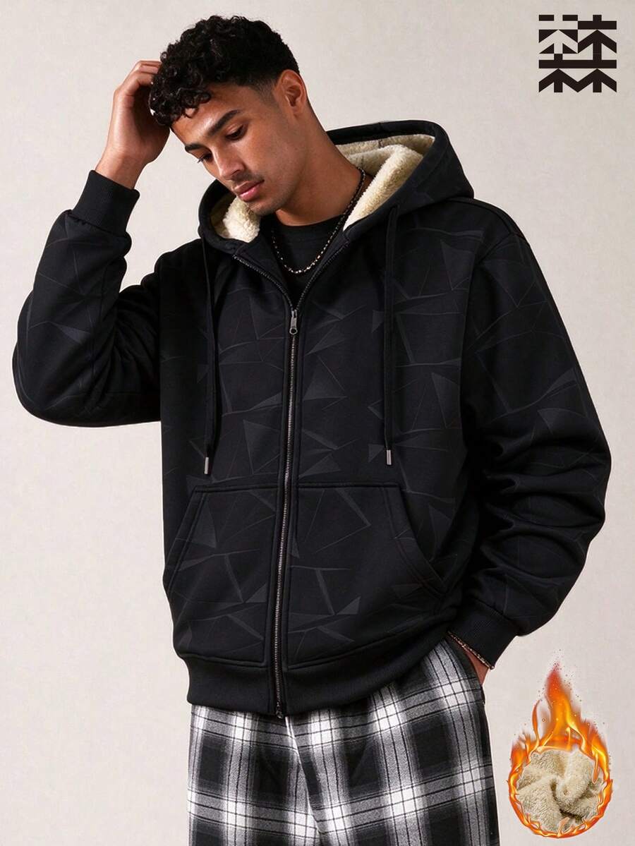 mulinsen Men's Fleece Hooded Zip-Up Jacket, Loose Fit Thick Winter Geometric Print Casual Top - Black - View 1