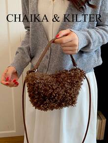 1pc Fashionable Small Bucket Plush Fabric Handbag, Suitable For Commuting, Shopping, Etc. - Coffee - View 10