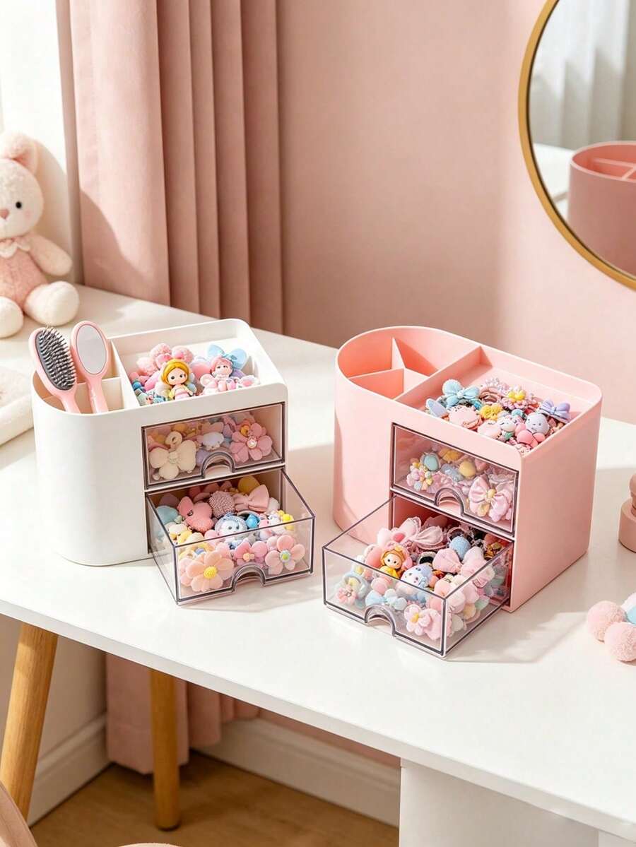 1pc White Plastic Hair Accessory Storage Box, 2-Layer Transparent Drawer Desktop Organizer, Multi-Compartment Vanity Storage Box, Suitable For Children's Hair Clips, Birthday Holiday Gift - Multicolor - View 1
