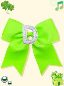 1pc Girls Bright Grosgrain Ribbon Bow Hair Clip, Pearl Rhinestone A-Z Alphabet Letter Decor Bow Hair Barrettes, Cute Girls Daily Hair Accessories - Lime Green - View 36